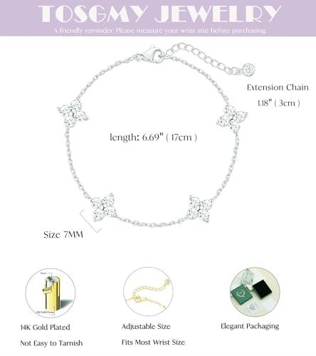Dainty Silver Gold Bracelets for Women Trendy Non Tarnish 14K Gold Plated Cute Clover Bracelet Stackable Daisy Cubic Zirconia Diamond Charm Bracelet Stack Waterproof Jewelry Gifts - color: A- Clover Bracelet- Silver