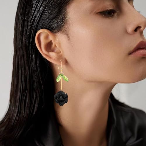 Resin Flower Cluster Ball Dangle Drop Earrings for Women Spring Summer Bohemian Floral Petal with Green Leaf Earrings Vacation Party Jewelry - color: Black