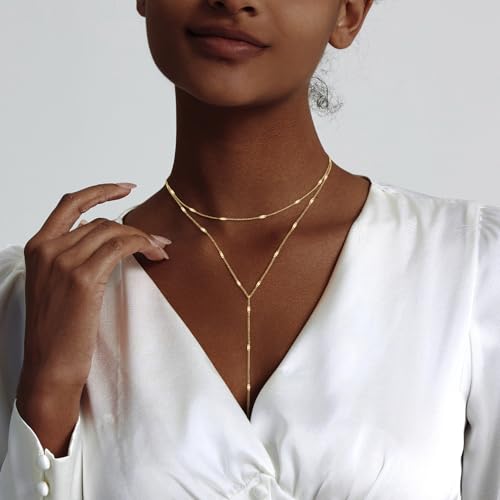 Luxval Lariat Silver Necklace for Women, Dainty Long Necklace Silver Y-Shaped Pendant Necklaces Trendy Beaded Chain Drop Necklaces Jewelry for Women Gifts - color: Gold-Shinny Layered