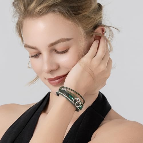 FANCY SHINY Boho Leather Wrap Bracelet Stackable Infinity Chunky Cuff Bracelets Western Hippie Outfits Jewelry Valentine Gifts for Women - color: Olive Green