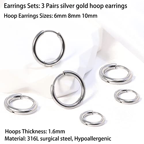 Dainty 6 Pairs Surgical Steel Earrings Sets for Multiple Piercing, Lightweight 14K Gold Plated Small Huggie Hoop Earrings, Flat Back Tiny Ball CZ Stud Earrings for Cartilage, Helix, Lobe, Hypoallergenic - style: Silver- 6/8/10/12mm Hoop Earrings