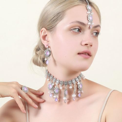 Luxury Waterdrop Rhinestone Pearls Tassel Charm Necklace Earrings Ring Maang Tikka Jewelry 4PCS Set Oxidized Antique Silver Flower Choker Ethnic Indian Retro Crystal Bollywood Bridal Wedding for Women - color: Purple
