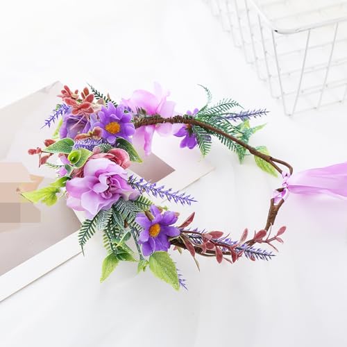 Vivivalue Fairy Floral Crown Woodland Headband Flower Headpiece Hair Wreath Forest Elven Circlet for Women Halloween Renaissance Wedding Bridal Cosplay Prom Photo Props Purple - color: 3