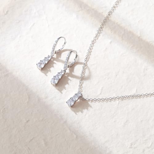 Crysdue Cubic Zirconia Jewelry Set for Women Bridesmaid, Classic Round Cut Drop Lightweight Lever Back Earrings Pendant Necklace Tennis Bracelet for Wedding Prom Party - style: 2pcs Silver