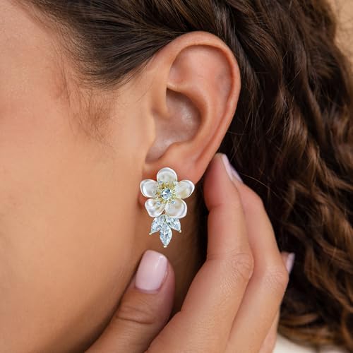 Pink Flower Earrings for Women, 925 Sterling Silver Stud Earrings, Cute Plumeria Earrings For Women, Cherry Blossom Hypoallergenic Stud - color: White Plum Blossom
