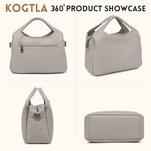 KOGTLA Medium Genuine Leather Purses for Women with Detachable Satchel Strap, Ladies Soft Handbags, Tote Hobo Bags - color: Beige White