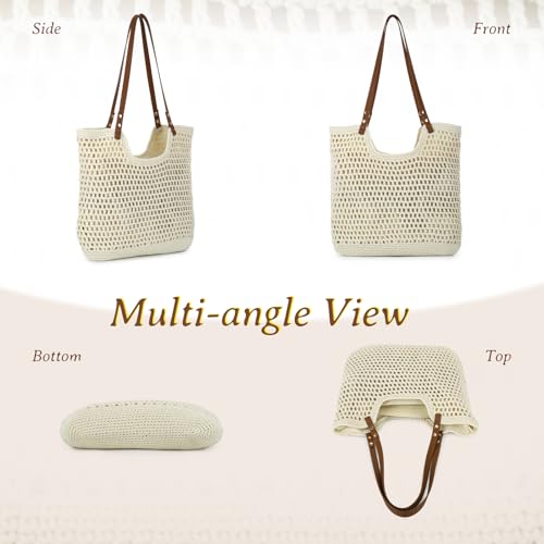 GOKTOW Crochet Beach Bag Women Woven Tote Handbag Casual Boho Bags Large Shoulder Purse For Summer Vacation Travel - color: Beige