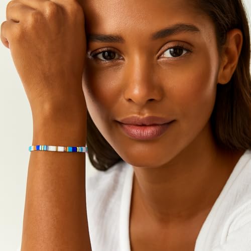 Tila Flat Beaded Stretch Bracelet for Women,Bohemian Friendship Bead Bracelets Handmade Stack Boho Jewelry Accessory for Everyday Wear, Vacation and Friend Gifts - color: blue-02
