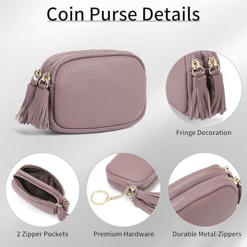 SENDEFN Coin Purse Keychain Small Genuine Leather Women Wallet 2 Zippers Around Key Ring Change Pouch Cash Holder - color: 3-Pink