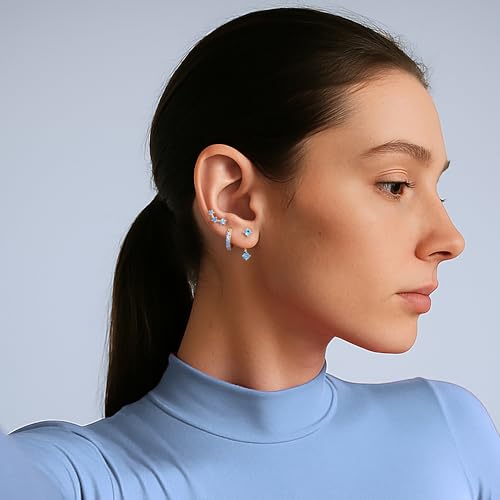 3 Pairs Dainty Small 4th of July Earrings for Women Trendy, Birthstone Stud Huggie Hoop Jacket Stack for Cartilage Helix, Gold Plated Hypoallergenic Cute Women Fashion Accessories Western Jewelry Gifts - color: 03Blue Created Aquamarine-Mar (Gold)
