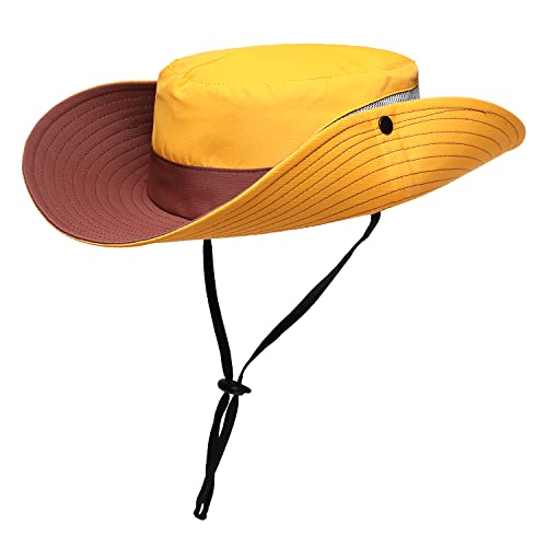 Womens Summer Sun Hat Beach Hat Wide Brim Outdoor UV Protection Hat Foldable Cool Mesh Ponytail Bucket Hat - color: Yellow-brown