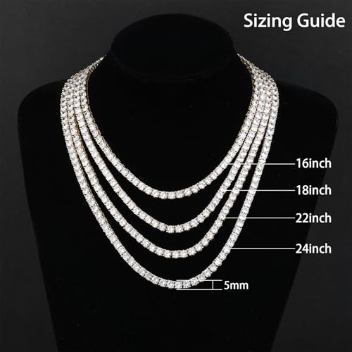 BREN Tennis Necklace - 3mm 4mm 5mm Iced Out Diamond Tennis Chain 5A Cubic Zirconia Necklace - 18K/White Gold Plated Flat Tennis Necklace for Women and Men Size 16"-22" - color: Gold-5mm, size: 16 inch