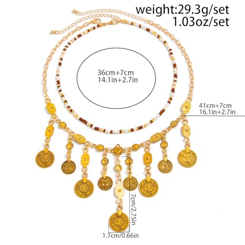Vintage Cuban Layered Necklaces For Women, 2Pcs Gold Chian Pendant Beaded Choker Western Boho Stack Cowgirl Statement Dainty Necklace Waterproof Non Tarnish Adjustable Holiday Jewelry Gift