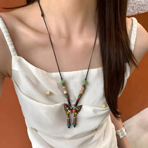 Boho Necklace for Women,Vintage Butterfly Pendant Necklaces,Adjustable Wooden Beads Layered Braided Choker,Fashion Tribal Style Leather Rope Necklace Jewelry,Chunky Statement Gift for Women - color: Colorful3