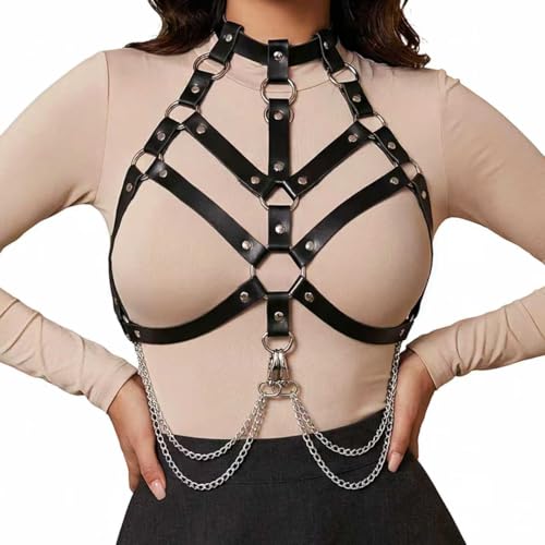 Black Leather Harness for Women, Punk Body Chest Harness with Chains, Adjustable Strappy Cage Bra Top for Rave Festival Clubwear - style: Punk