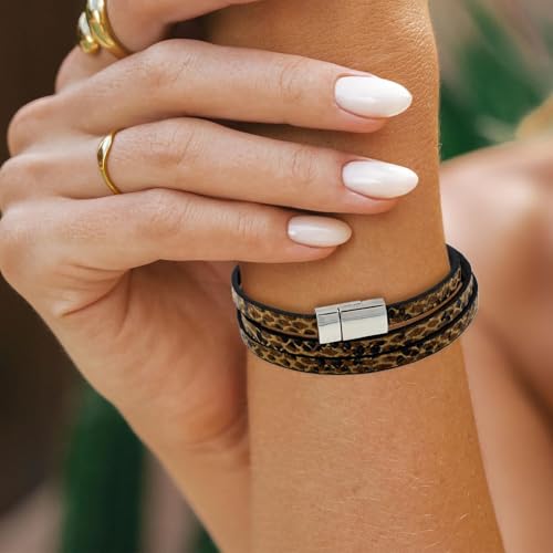 Long tiantian Leather Wrap Bracelet for Men Vintage Brown Leather Cuff Bracelet Adjustable Minimalist Western Style Wristband Casual Fashion Jewelry Gift for Him - color: leopard