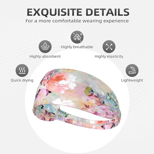 Black and Gold Swirl Liquid Ink Marble Workout Headbands Fashion Sports Sweatbands Yoga Hairbands for Fitness Athletic Non Slip Wicking Headscarf for Men Womens Girls Summer Accessories Elastic Bands - color: Watercolor Pink Flowers Pattern