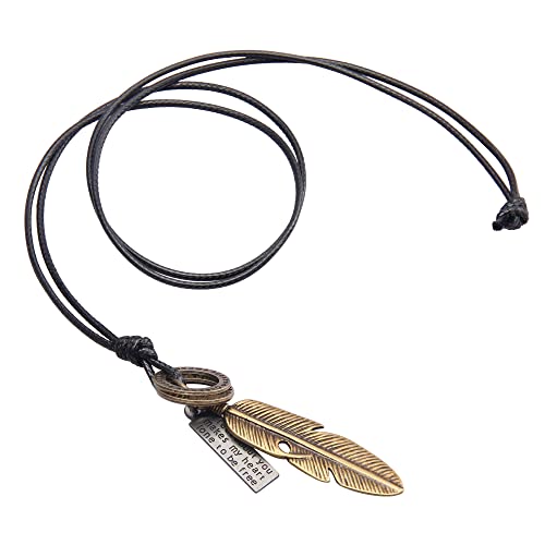 Leather Necklace for Women Long Boho Necklace Bohemian Choker Vintage Necklace Braided Boho Jewelry with Adjustable Brown Leather Cord - color: Feather Pendant Necklace