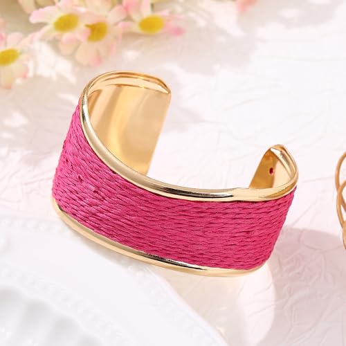 Raffia Colorful Chunky Cuff Bracelet For Women Statement Irregular Wave Vacation Tropical Beachy Spring Summer Wide Open Bangle Handmade Boho Costume Jewelry Accessories - color: Pink