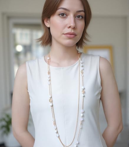 FULU AUTUMN Boho Gold Long Necklaces for Women Natural Stone Beaded Layered Long Necklace Mothers Day Gifts Dainty Flower Costume Jewelry for Women - color: Porcelain White