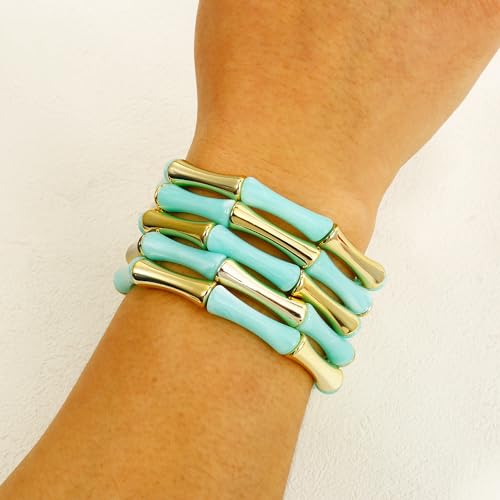 Gold Tube Bangle Bracelets for Women Stackable Bamboo Chunky Acrylic Beads Stretch Friendship Summer Beach Bracelet Jewelry - color: Blue