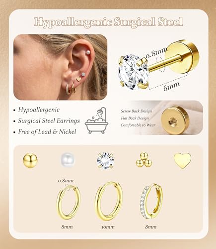 Incaton Hypoallergenic Flat Back Earrings for Women Silver 14K Gold Plated Surgical Stainless Steel Stud Earrings Cubic Zirconia Cartilage Studs Earrings For Multiple Piercing Sensitive Ears - color: I-Gold