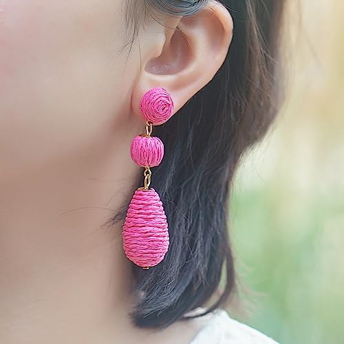 Boho Raffia Earrings Statement Dangle Earrings Cute Teardrop Ball Earrings Colorful Summer Jewelry Handmade Rattan Earrings for Women - color: Hot Pink