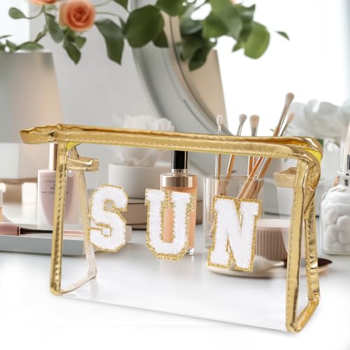Clear Preppy Patch Makeup Bag, Sun Chenille Letter Bag for Beach, Pouch With Zipper, Travel Cosmetic Toiletry Bag for Women Girls Teens (Gold) - color: Gold
