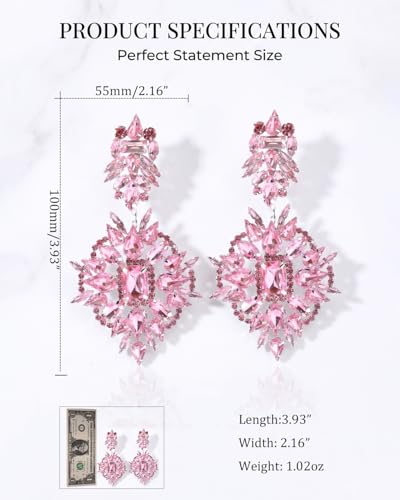 Silver Chandelier Earrings for Women Trendy, Oversized Big Crystal Rhinestone Statement Earrings Dangling Formal Pageant Earings Drag Queen Jewelry - color: Pink