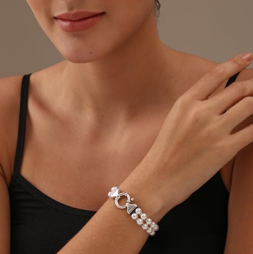 LeCalla Pearl Bracelets for Women in 925 Sterling Silver & 14K Gold-Plated Silver | Adjustable Pearl Bolo Bracelets | Handmade Sliding Chain Beaded Bracelet Jewelry Gifts for all Occasions - color: Two Strand Stretch Bracelet