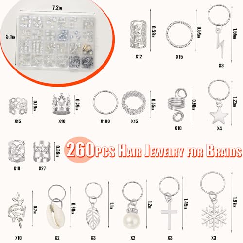 260pcs Silver Hair Jewelry for Braids Dreadlock Locs,17 Styles Metal Hair Accessories for Women Adjustable Hair Charms Cuffs Coils Beads Rings Braiding Decoration - color: Silver-260pcs