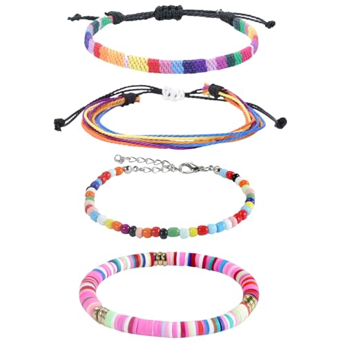 Beach Bracelet Set for Men and Women, Surfer Men Bracelet, Braided Boho Summer Bracelets Adjustable Men's Bracelet Handmade Women Bracelet String Rope Ankle Bracelets Birthday Gift - style: 4pcs Boho Bracelets Ankles Pink