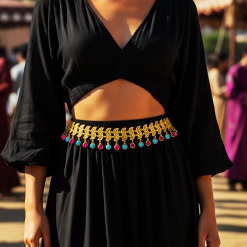 ELABEST Gold Waist Chain Rhinestone Belly Dance Chain Crystal Tassel Dance Jewelry for Women - style: Gold-D