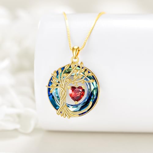 POPLYKE Mothers Day Gifts for Mom Her Wife Tree of Life Necklace 925 Sterling Silver Birthstone Pendant with Crystal Anniversary Birthday Wedding Jewelry for Women - color: 01-Jan-Garnet, style: 18K Gold Plated-Blue Crystal