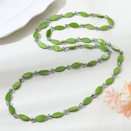 Long 48" Beaded Necklace for Women Boho Knot Strand Chunky Shell Crystal Beads Fashion Costume Jewelry for Gifts - color: Green