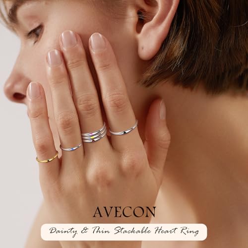 925 Sterling Silver Heart Ring for Women, 1mm Ultra Thin 14K Plated Gold Hypoallergenic Wedding Band with Black/Yellow/Red/Blue/Pink Love, Promise Stack Travel Jewelry Gifts Size 5-10 - color: A-Silver-Black