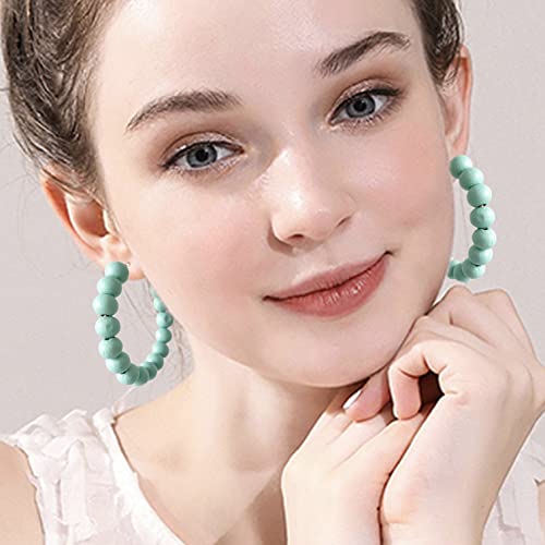 Handmade Nature Wooden Beaded Hoop Earrings Bohemian Minimalist Colorful Circle Round Wood Bead Earrings Vintage Chic Wooden Ethnic Dangle Drop Earrings for Women Statement Jewelry Gifts - color: Blue Green