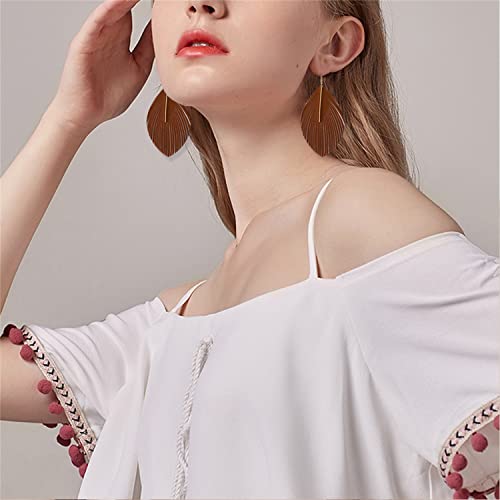 Minimalist Handmade Lightweight Large Soft Faux Leather Fringe Feather Dangle Drop Earrings Bohemian Huge Leaf Hook Earrings with Bar for Women - color: Brown