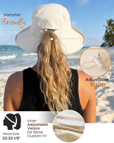 FURTALK Sun Hats for Women Wide Brim Ponytail Beach Sun Protection Hat with Fold-Up Brim Bucket Hat - color: Beige