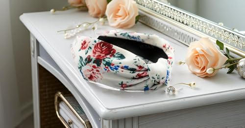Fall Headbands for Women Satin OFF-White Rose Floral Warable All Day, Colorful, Silk Feel, Autumn Womens Knotted Headband Fashion Designer Top Knot Hair Head Band Girls - color: Off White