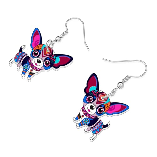BONSNY Colorful Cute Chihuahua Dangle Earrings Mexican Folk Art Style Dog Pets Design Gifts for Chihuahua Lovers Women Fun Hypoallergenic Jewelry Accessories - color: Purple