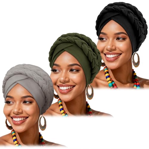 African Women Turban Caps Beanie Pre-Tied Twisted Braids Headwraps for Women Head Scarf Chemo Cancer Headwear Cap - color: 3 Pack Twisted Braid: Olive Green/Dark Grey/Black