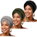 African Women Turban Caps Beanie Pre-Tied Twisted Braids Headwraps for Women Head Scarf Chemo Cancer Headwear Cap - color: 3 Pack Twisted Braid: Olive Green/Dark Grey/Black