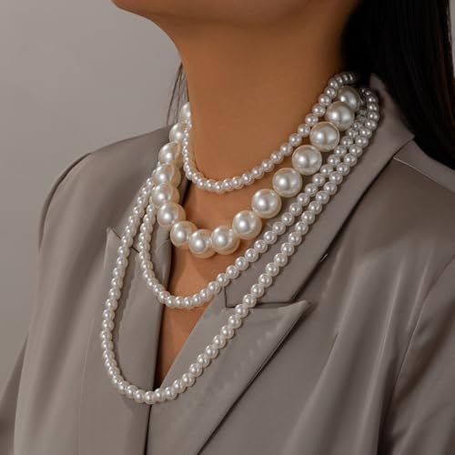 Layered Pearl Necklaces for Women Big Pearl Long Chain Necklace Dainty Faux Pearl Necklaces Statement Sweater Strand Chain Jewelry - style: 4Layer