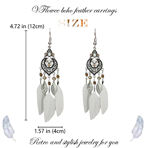 Bohemian Earrings Feather Tassel Silver Ethnic Retro Boho Dangle Earring Bead Women Jewelry for Birthday Party Gifts (White) - color: White
