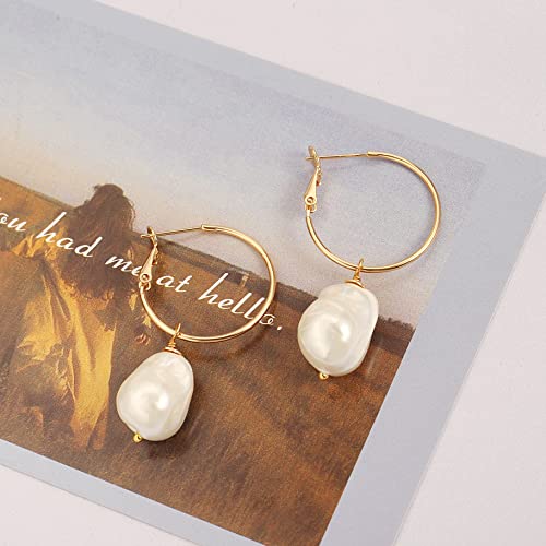 Gold Plated Huggie Hoop Earrings with Charms Fashion Pearl Drop Dangle Earrings for Women Handmade Karma Circle Jewelry for Ladies Lightweight Pearl Earrings on Christmas - color: baroque