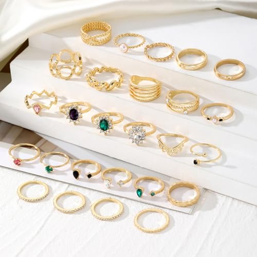 Vintage Gold Knuckle Rings Set for Women Sparkling Colorful Crystal Gemstone Rings Boho Stackable Open Ring Set Fashion Jewelry Accessary - color: Gold