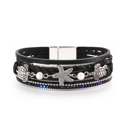 Long tiantian Boho Leather Wrap Bracelets Western Bracelets for Women Stackable Starfish Crystal Pearl Turquoise Leather Bracelet With Clasp Jewelry Gifts Boho Dresses - color: B4:BLACK Bracelet