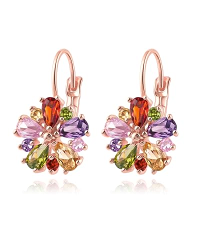 Vintage 14K Gold Plated Flower Birthstone Earrings - Hypoallergenic Leverback Floral Earrings, Trendy Jewelry Gifts for Women - color: Colored