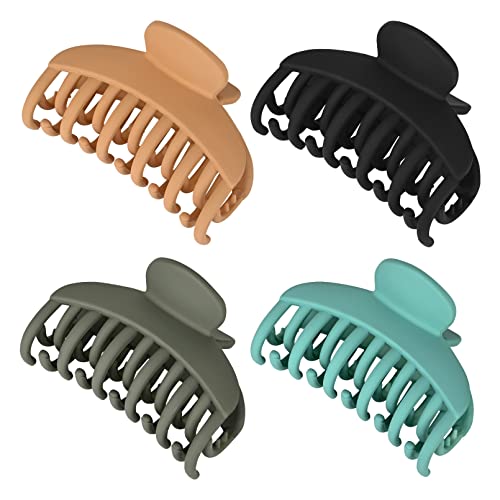 DEEKA 4 PCS Double Row Teeth Hair Claw Clips 2.5" Medium Hair Clips for Thin Hair Small Matte Clips Short Fine Hair Accessories for Women and Girls -Green Yellow - color: Black, Green, Khaki, Blue, size: 4 Count (Pack of 1)